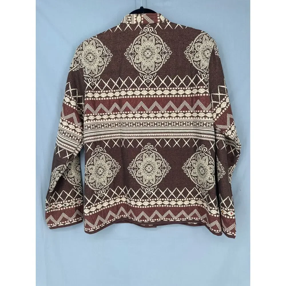 90s Vintage Jacket Womens Medium Brown Tapestry Button Beaded Boho Cottage
